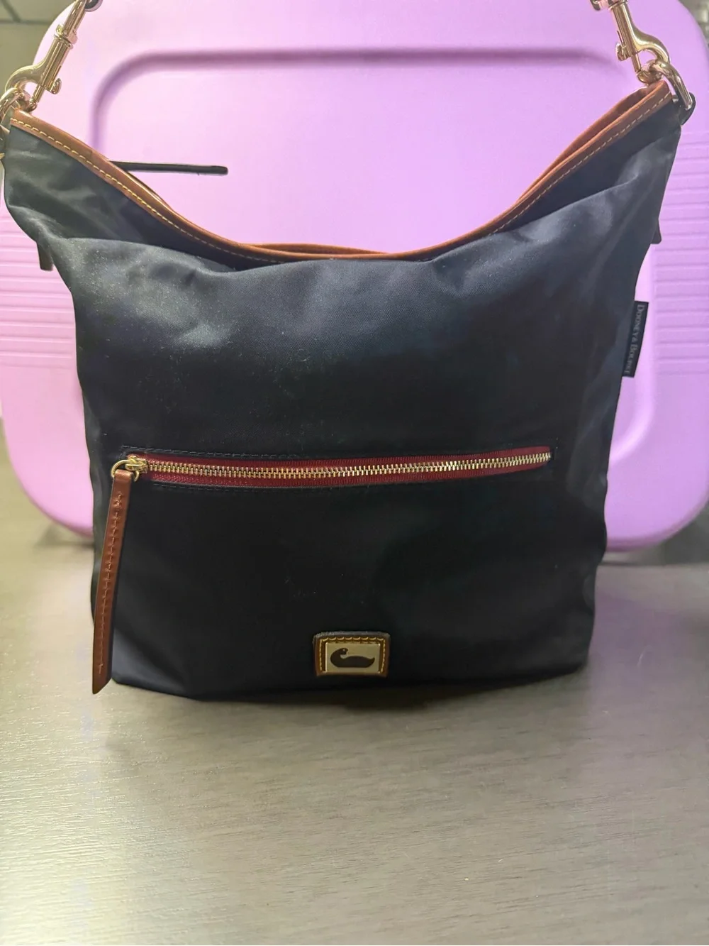 Dooney & Bourke Black Nylon Shoulder Bag with Brown Trim